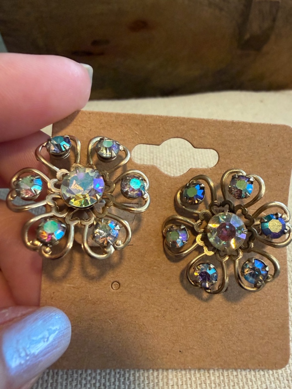 Vintage Aurora Borealis Crystal Flower Clip-On Earrings - Gold Tone